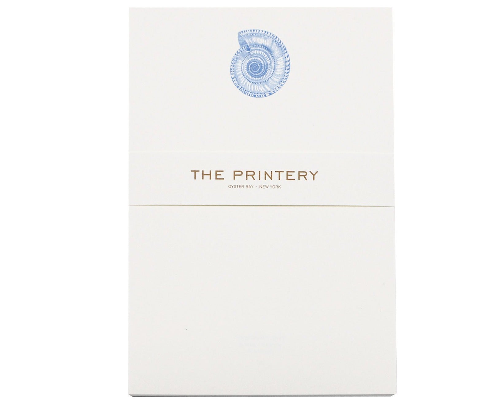 The Nautilus Notepad by Printery features a bone white pad with a blue Nautilus graphic at the top and "THE PRINTERY OYSTER BAY · NEW YORK" in gold at the center. Includes 50 sheets.