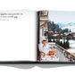 Open book with a quote on the left page and a photo on the right page of a person dining on a balcony overlooking the snowy village of Gstaad in the Swiss Alps. Product: Gstaad Glam by Assouline.