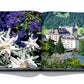 An open book displays a close-up of purple and white alpine flowers, epitomizing Alpine chic, on the left page and a scenic view of a hilltop castle within the lush green landscape of Gstaad in the Swiss Alps on the right page. The book is "Gstaad Glam" by Assouline.
