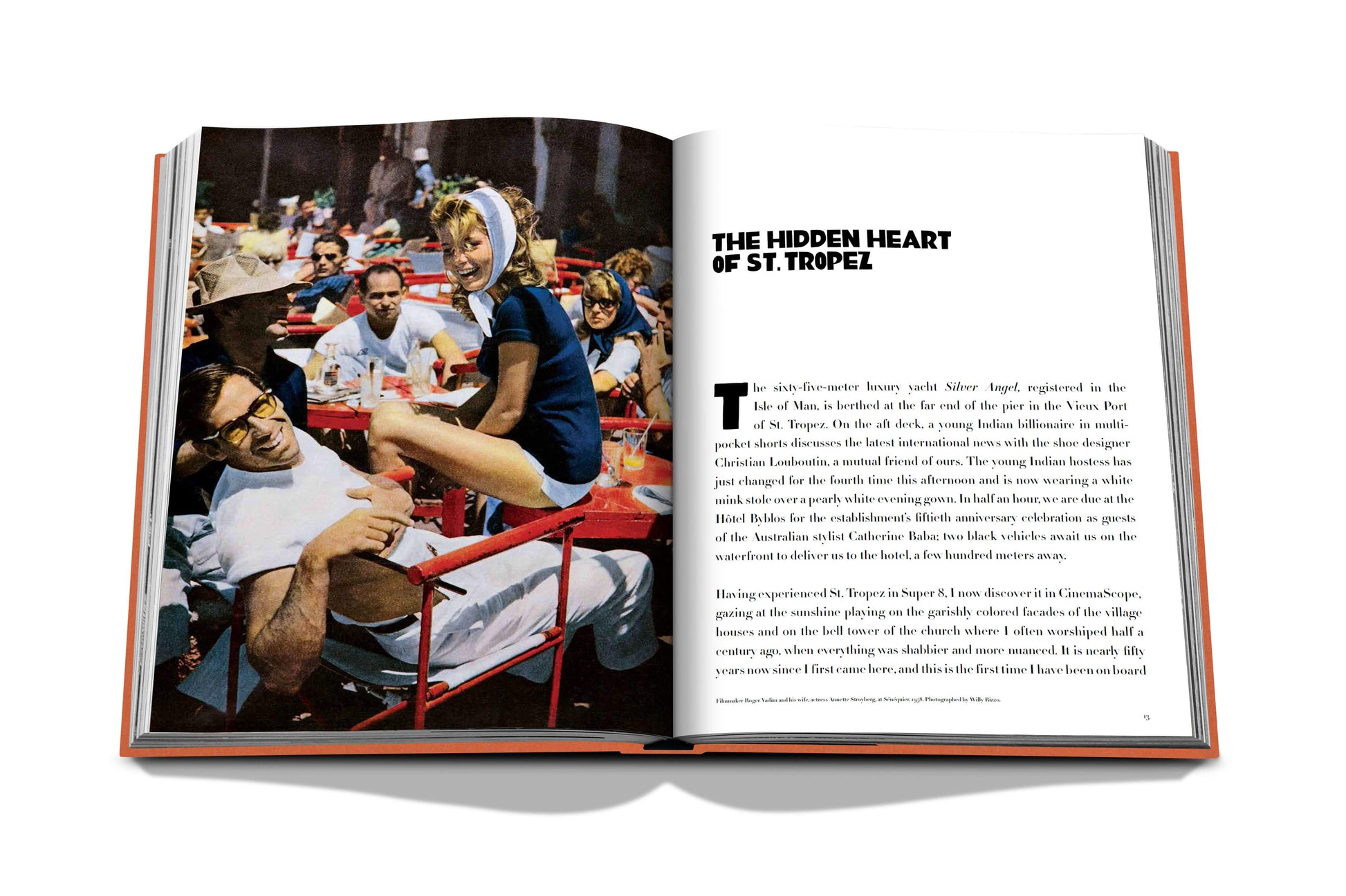 Open book showing a candid photo of people dining outdoors and a headline "The Hidden Heart of St. Tropez" with text on the right page, inviting readers to explore the charm of St Tropez Soleil by Assouline.