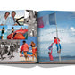 An open photo album displays a collage of people in various beach scenes and activities alongside the French flag raised on a pole against a cloudy sky, reminiscent of memories from Les Voiles de Saint-Tropez and exhilarating days at St Tropez Soleil by Assouline.