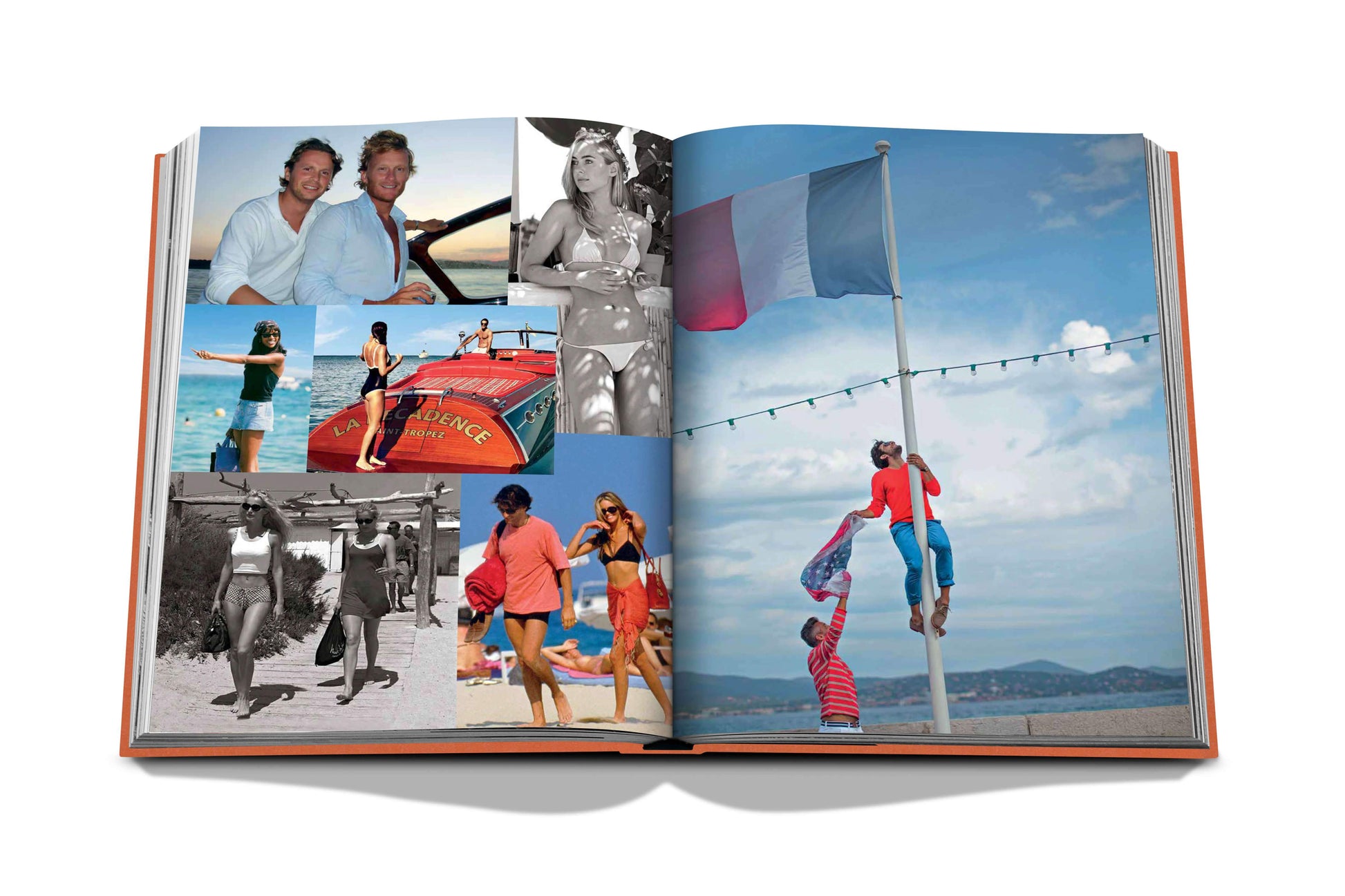 An open photo album displays a collage of people in various beach scenes and activities alongside the French flag raised on a pole against a cloudy sky, reminiscent of memories from Les Voiles de Saint-Tropez and exhilarating days at St Tropez Soleil by Assouline.