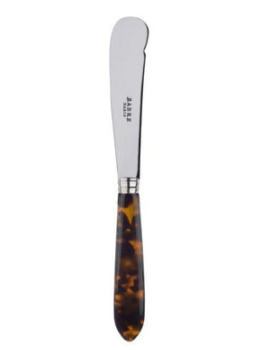 The Sabre Tortoise Small Cheese Knife features a round, wide blade and a brown tortoiseshell-patterned handle, shown against a white background—ideal for serving your favorite cheeses.
