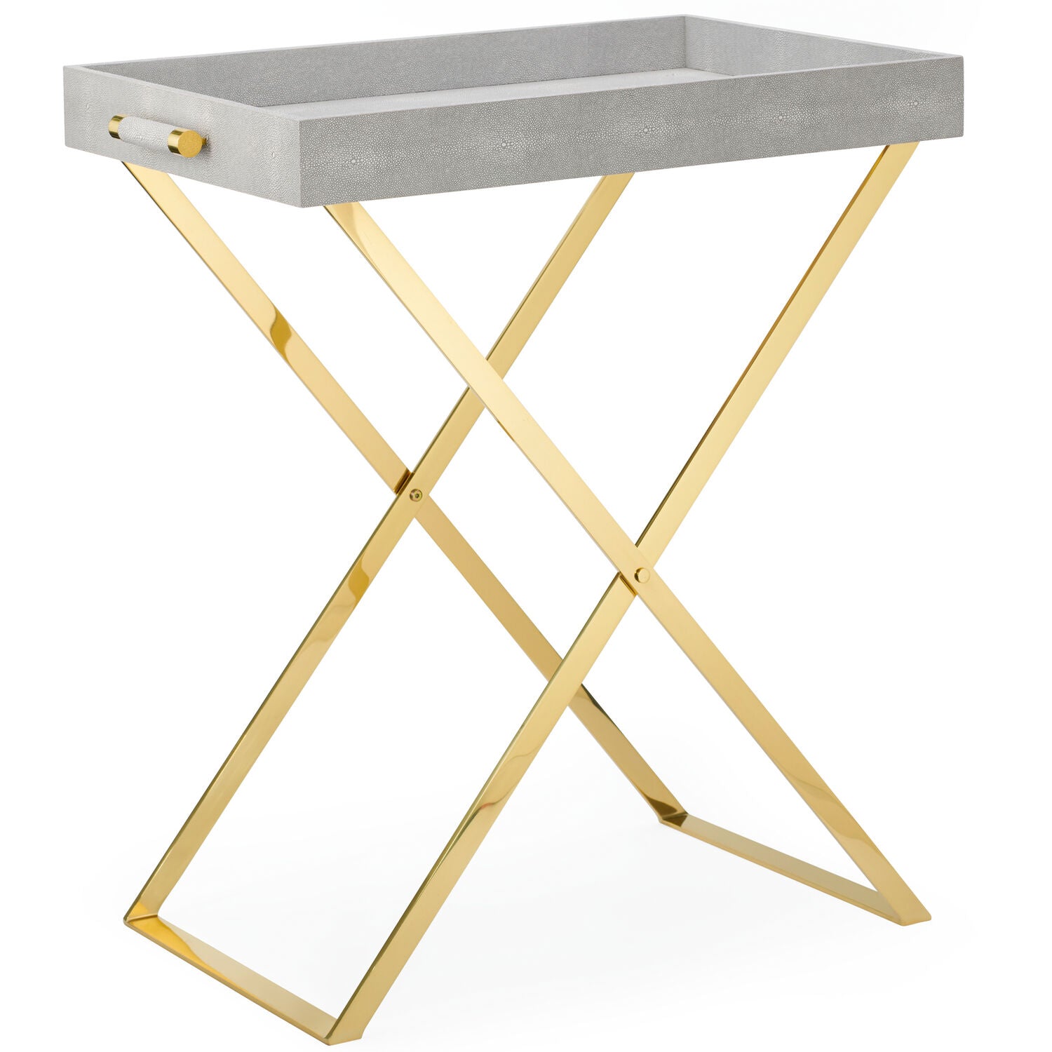 The Aerin Butler Tray Stand features a gray rectangular top, gold X-shaped folding legs, and short side handles—perfect for tableside serving or entertaining at home.