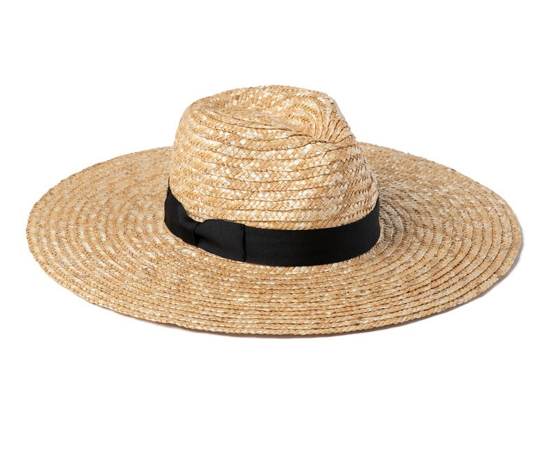 6 Inch Brim Beige Sun Hat With Black Ribbon Band / Flat Brim 
