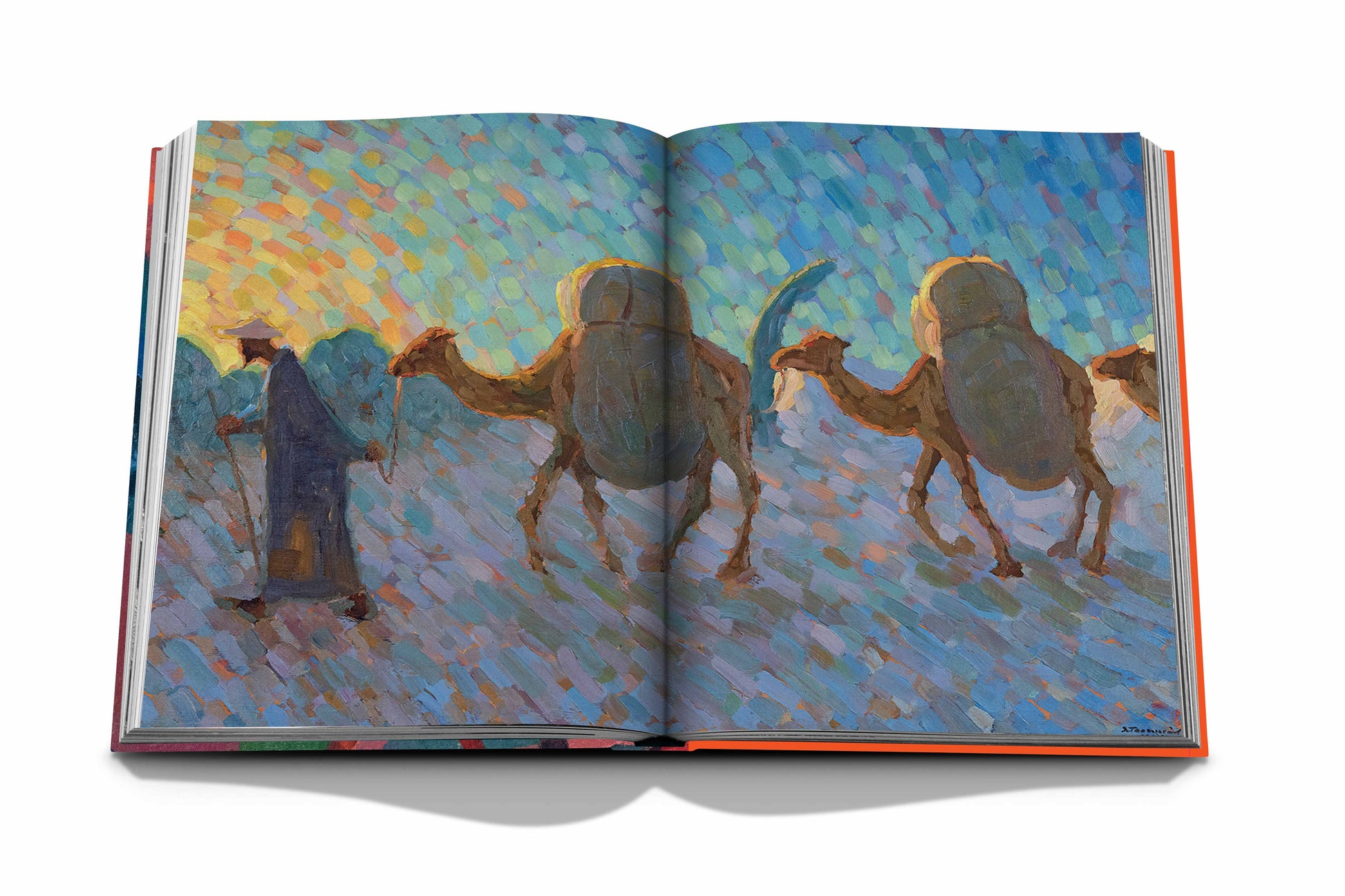 A page from "Uzbekistan: Avant-Garde Orientalists" by Assouline displays an impressionist painting of a person guiding three camels, rendered with vibrant, colorful brushstrokes that echo the style of Russian avant-garde art.