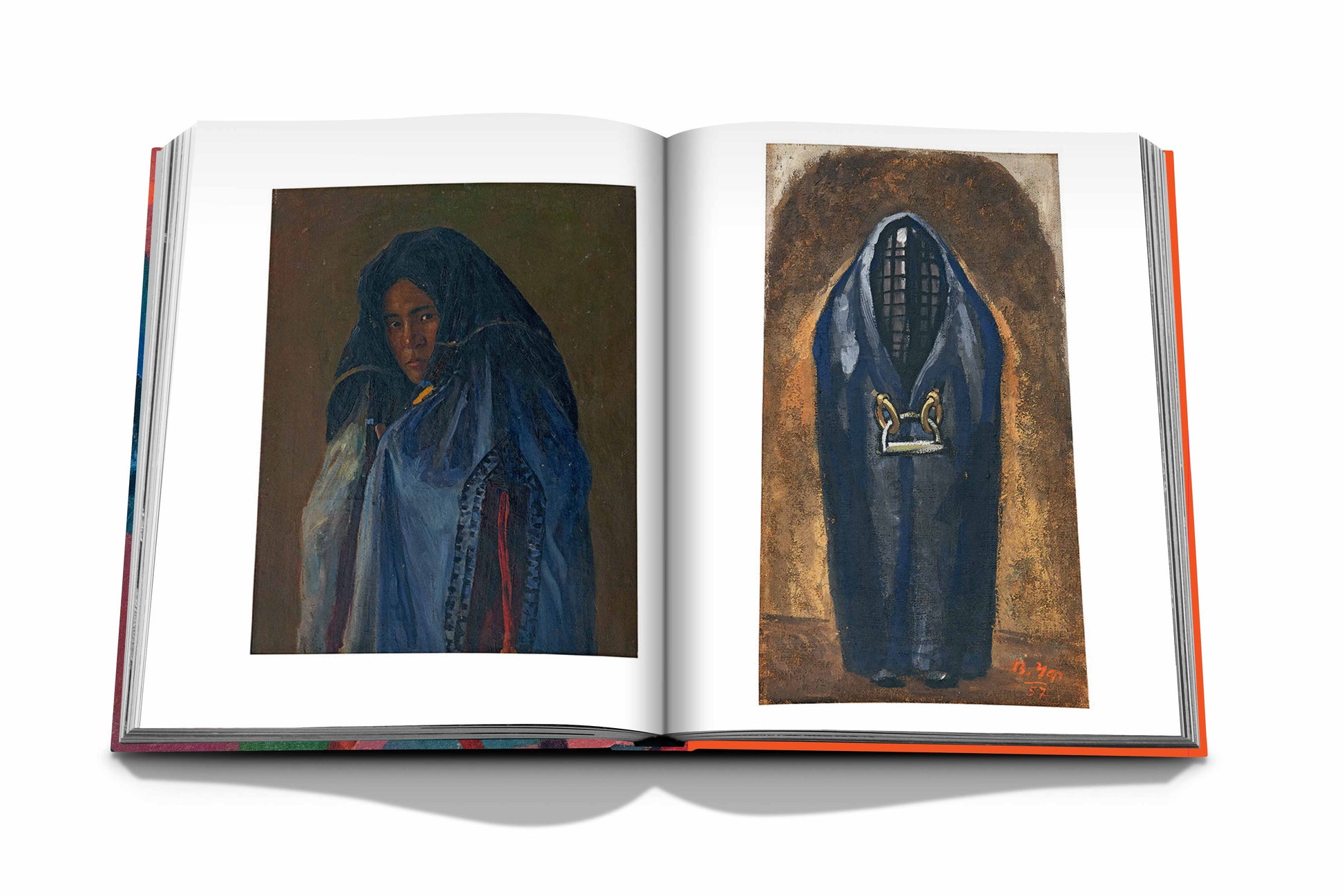 An open book displays two paintings of individuals in traditional attire, characterized by dark, muted tones and evocative of Avant-Garde Orientalist art, much like those featured in Assouline's "Uzbekistan: Avant-Garde Orientalists.