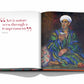An open book from Assouline's "Uzbekistan: Avant-Garde Orientalists" reveals a quote on the left page, while the right showcases a vibrant painting reminiscent of Russian avant-garde art, depicting a person in colorful attire holding a bowl.