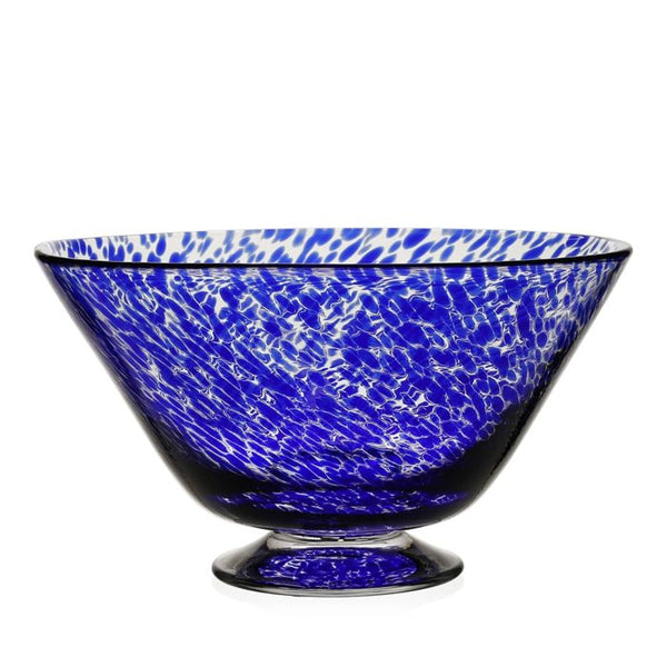 An imported William Yeoward Crystal Blue Vanessa Bowl, handmade glass bowl in Mediterranean blue, resting on a white background.