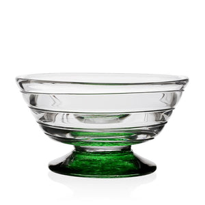 The Green Vanessa Nut Bowl by William Yeoward Crystal features handmade glass with horizontal ridges and a green-tinted base, imported from England. Shown against a white background.
