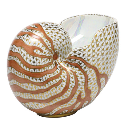 The Reserve Collection Nautilus by Herend is a multicolor ceramic vase shaped like a nautilus shell, adorned with hand-painted gold geometric patterns and brown organic lines—perfect for artistic appreciation.