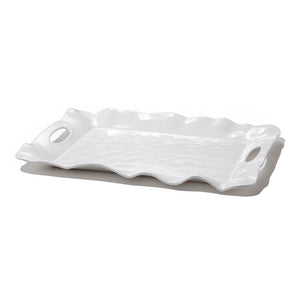 Beatriz Ball's Vida Havana Melamine Rectangle Tray with Handles features wavy edges, cut-out side handles, and a durable white melamine finish, shown on a plain white background.