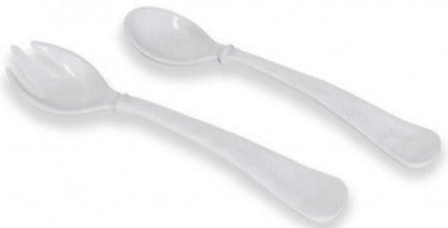 Two white plastic utensils—a spork and a spoon—rest side by side on a white background, evoking the elegant style of Beatriz Ball's Vida Havana Melamine Salad Servers.