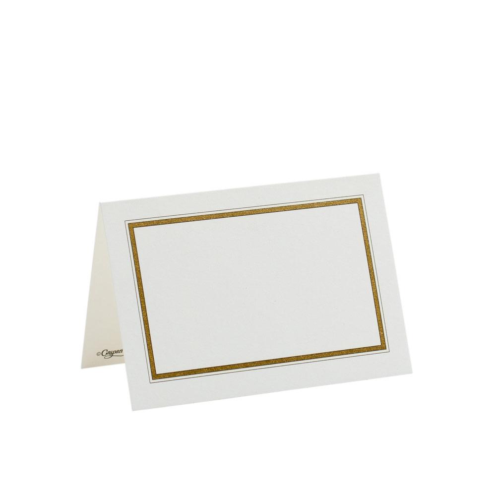A blank, folded Caspari White with Gold Border Place Card made from high-quality cardstock, standing upright on a white background.