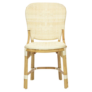 A front view of the Fota Side Chair, Natural crafted from natural rattan, featuring a rounded backrest and a light wooden frame by Selamat.