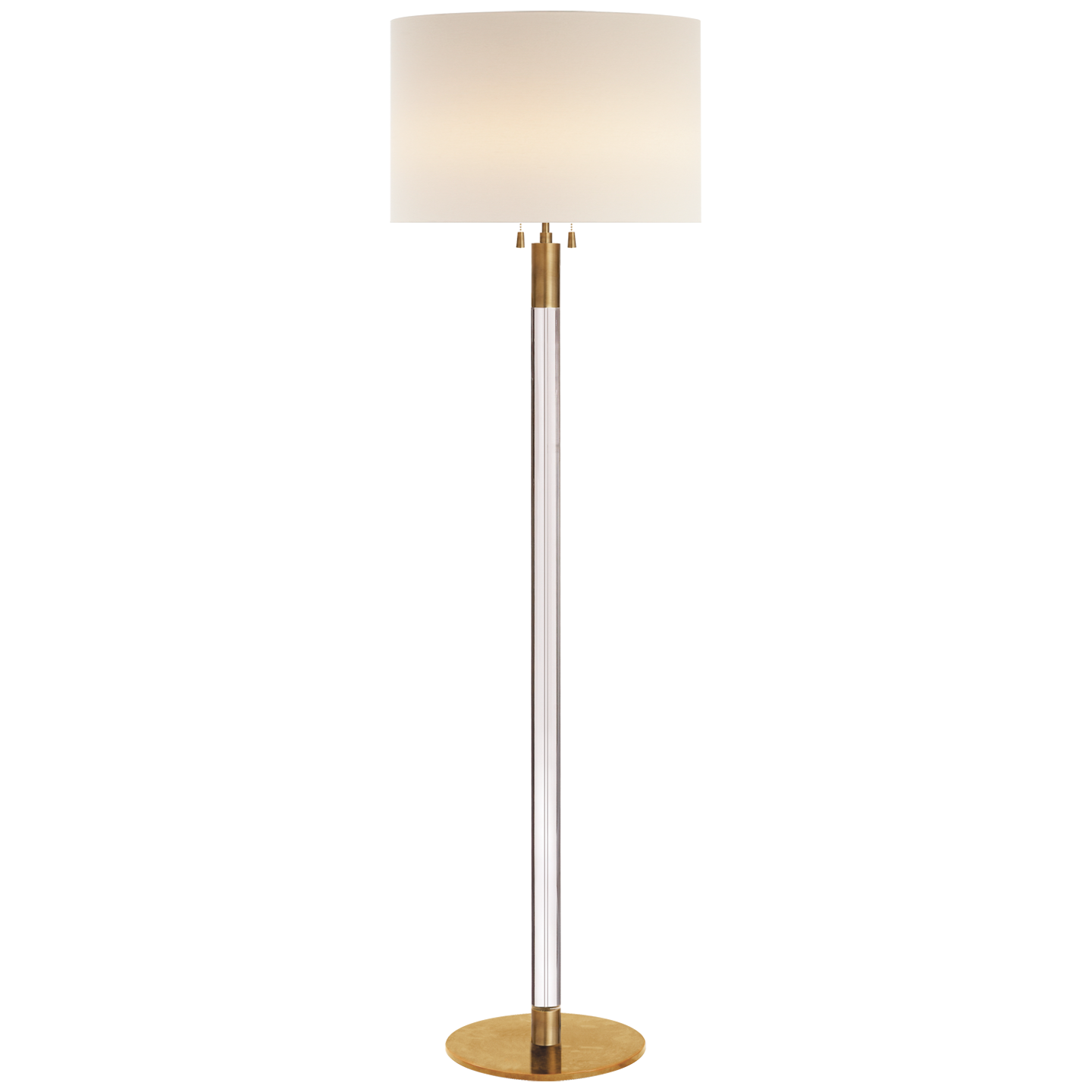 A Visual Comfort Riga Floor Lamp in Antique Brass and Crystal with a white linen shade.