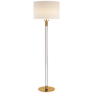 A Visual Comfort Riga Floor Lamp in Antique Brass and Crystal with a white linen shade.