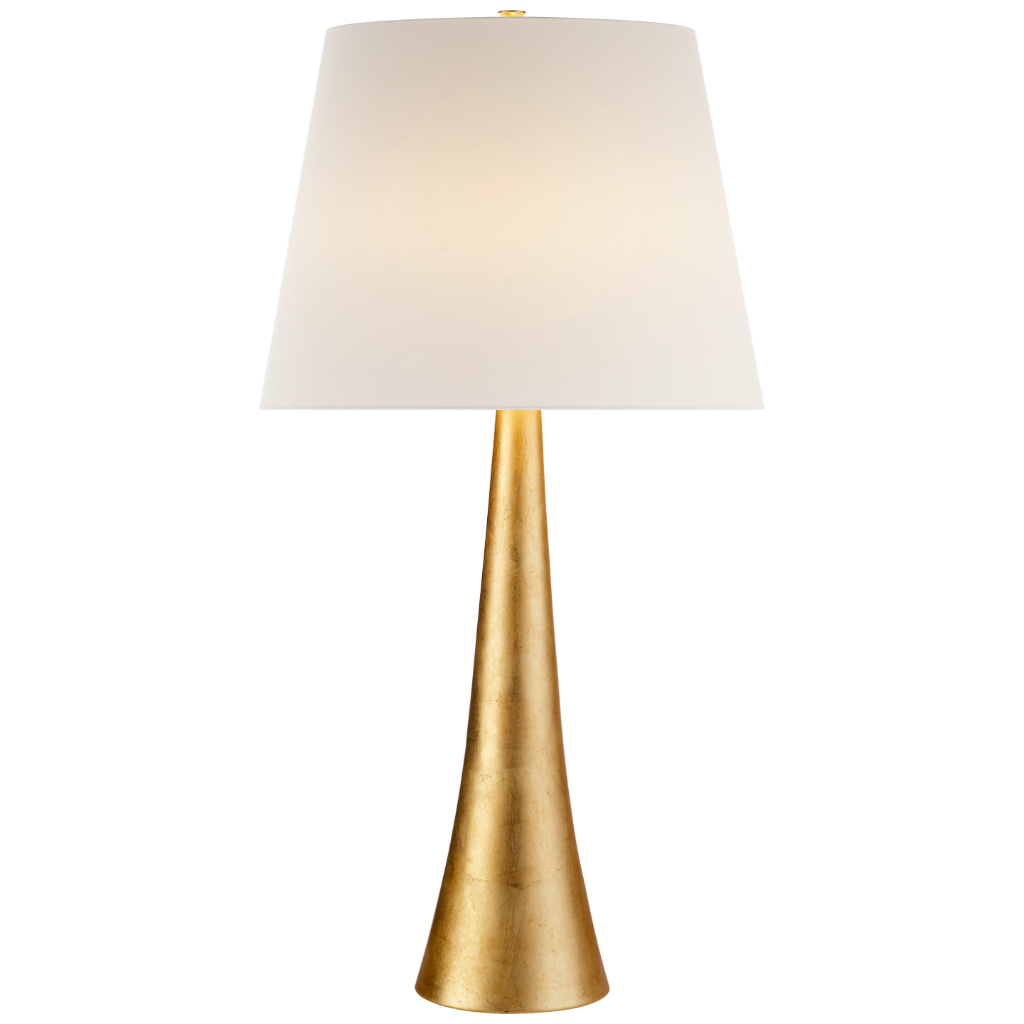 A modern Dover table lamp with a 7 inch round gold base and a white lampshade by Visual Comfort.