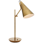 Vintage Visual Comfort Clemente Table Lamp in Hand Rubbed Antique Brass with an adjustable arm and a rounded base, isolated on a transparent background.