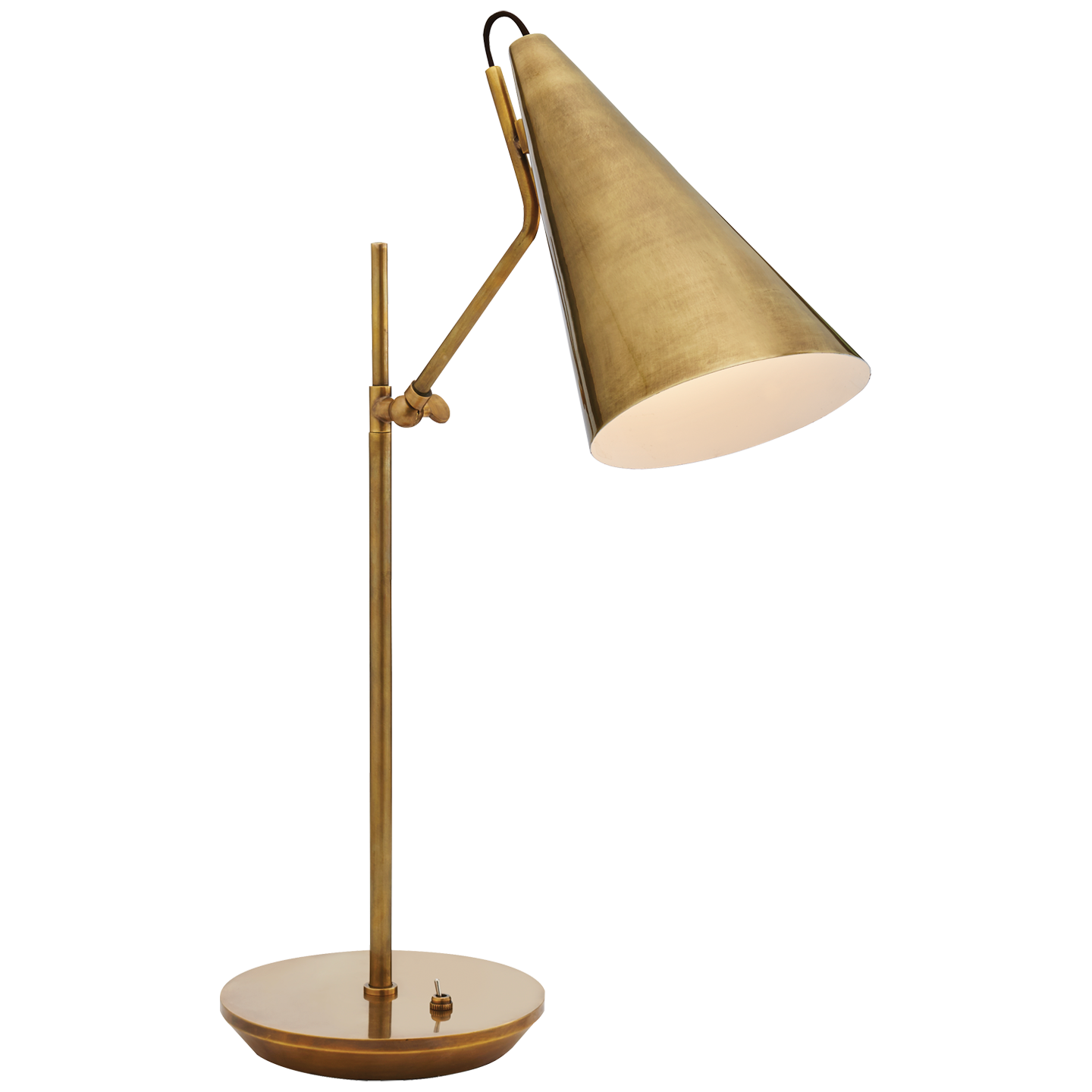 Vintage Visual Comfort Clemente Table Lamp in Hand Rubbed Antique Brass with an adjustable arm and a rounded base, isolated on a transparent background.