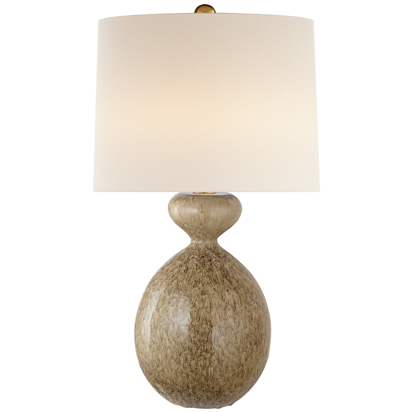 A Gannet table lamp by Visual Comfort with a rounded, textured base in a light beige color and a plain, large white lampshade. Its height adds an elegant dimension to its design.