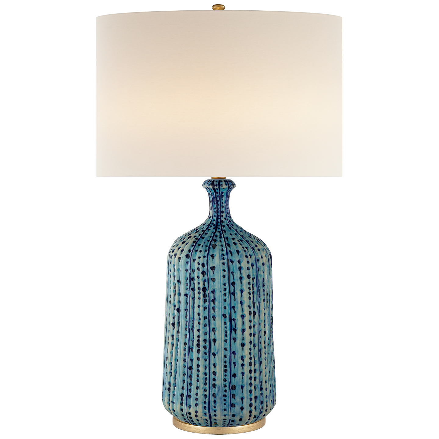 The Culloden Table Lamp by Visual Comfort features a tall, pebbled aquamarine base and a large white linen shade, shown against a plain background.