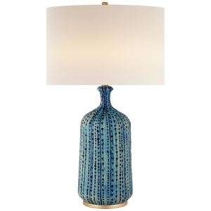 The Culloden Table Lamp by Visual Comfort features a tall, pebbled aquamarine base and a large white linen shade, shown against a plain background.