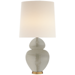 Michelena Table Lamp by Visual Comfort, with a double-gourd ceramic base in Shellish Gray cracked texture finish and a beige cylindrical lampshade with detailed product description.