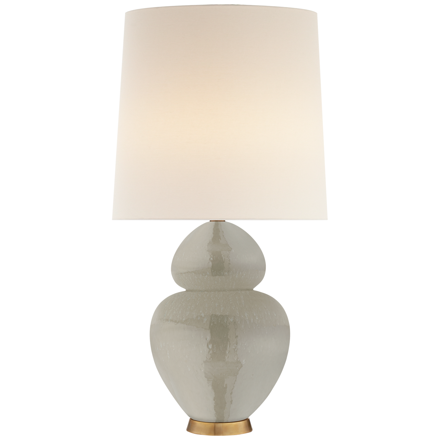 Michelena Table Lamp by Visual Comfort, with a double-gourd ceramic base in Shellish Gray cracked texture finish and a beige cylindrical lampshade with detailed product description.
