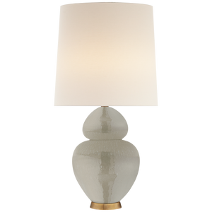 Michelena Table Lamp by Visual Comfort, with a double-gourd ceramic base in Shellish Gray cracked texture finish and a beige cylindrical lampshade with detailed product description.