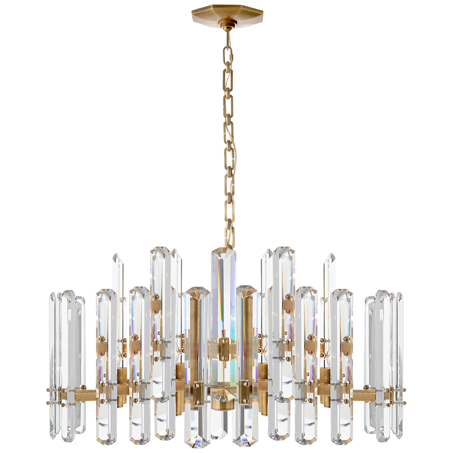 The Bonnington Chandelier by Visual Comfort features a hand-rubbed antique brass finish with crystal prisms arranged circularly, an E12 candelabra base, and a sleek canopy, enhancing its luxurious appeal.