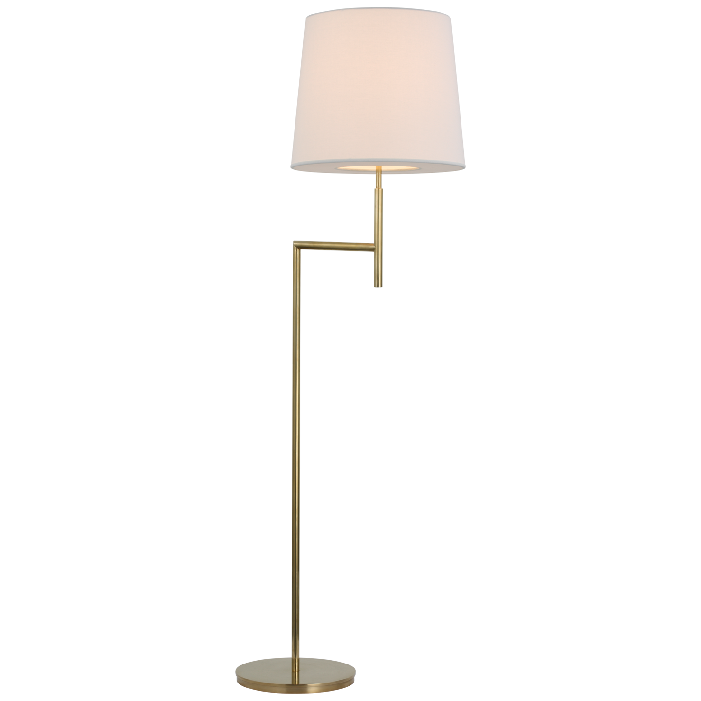 Visual Comfort's Clarion Bridge Arm Floor Lamp in Soft Brass with a sleek gold stand, a small rectangular side table, and a white linen shade, on a transparent background.