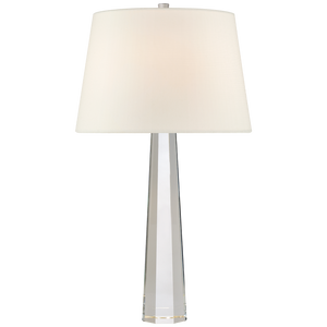 A Visual Comfort octagonal crystal spire table lamp with a white, tapered lampshade.