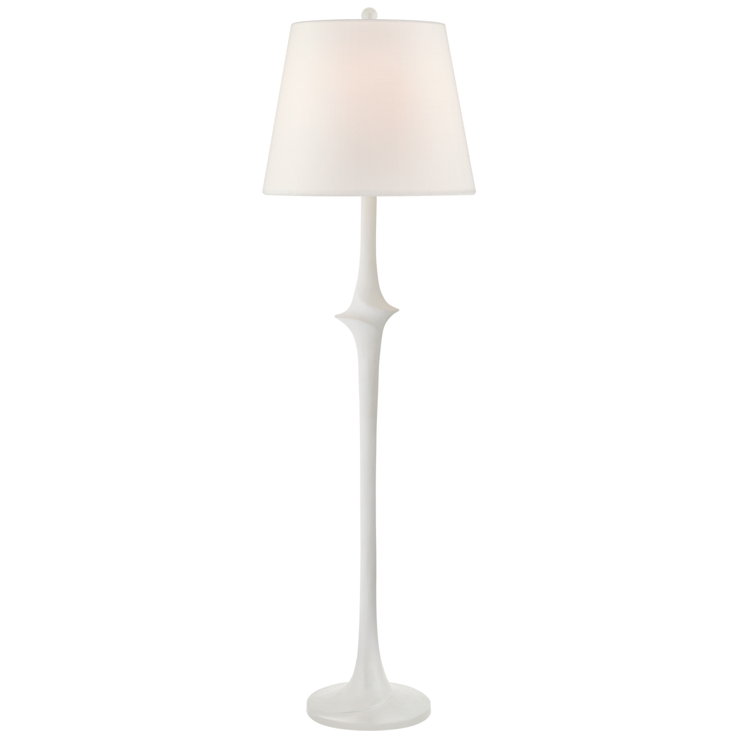 A white, contemporary Bates Large Sculpted Floor Lamp by Visual Comfort with a sleek, curved base and an E26 dimmer, set against a neutral background.