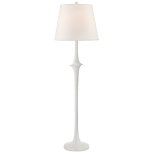 A white, contemporary Bates Large Sculpted Floor Lamp by Visual Comfort with a sleek, curved base and an E26 dimmer, set against a neutral background.