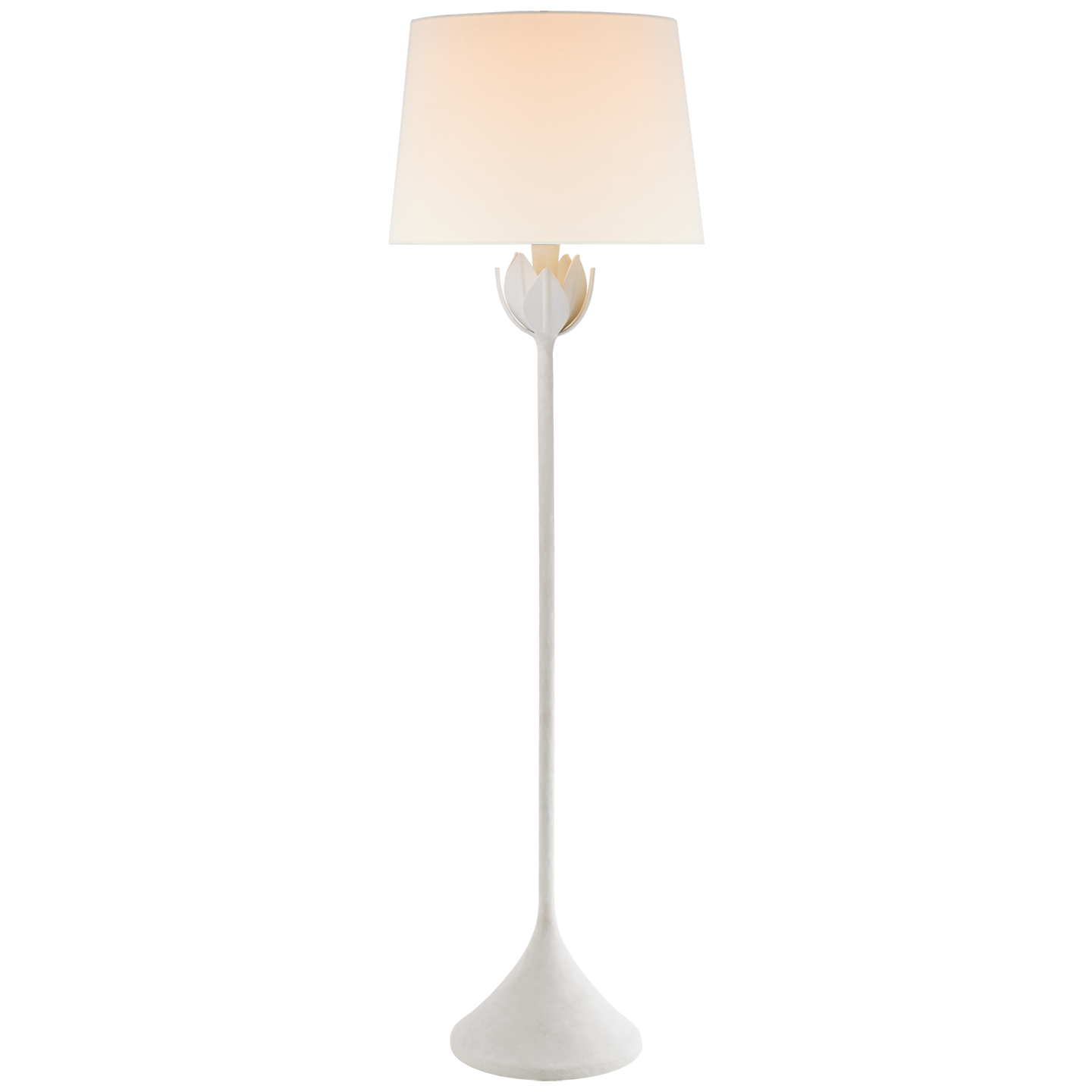 A slender, modern Alberto Large Floor Lamp by Visual Comfort with a round base and stem, topped by a gently diffusing light shade in White Plaster.