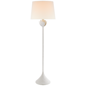 A slender, modern Alberto Large Floor Lamp by Visual Comfort with a round base and stem, topped by a gently diffusing light shade in White Plaster.