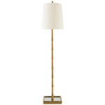 The Grenol Buffet Lamp by Visual Comfort in hand-rubbed antique brass, featuring a natural percale shade, offers an adjustable height, rectangular base, and a convenient dimmer for optimal lighting control.