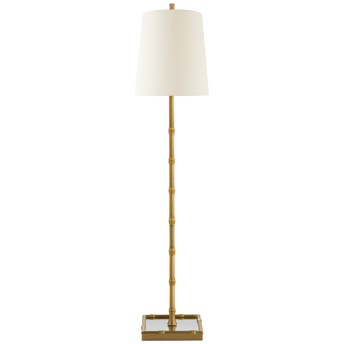 The Grenol Buffet Lamp by Visual Comfort in hand-rubbed antique brass, featuring a natural percale shade, offers an adjustable height, rectangular base, and a convenient dimmer for optimal lighting control.
