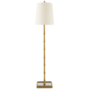 The Grenol Buffet Lamp by Visual Comfort in hand-rubbed antique brass, featuring a natural percale shade, offers an adjustable height, rectangular base, and a convenient dimmer for optimal lighting control.
