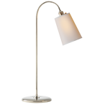 The Visual Comfort Polished Nickel Goose Neck Table Lamp includes an E26 socket, a curved metallic stand, and a frosted cylindrical shade on a round base, supporting up to 60 watts.