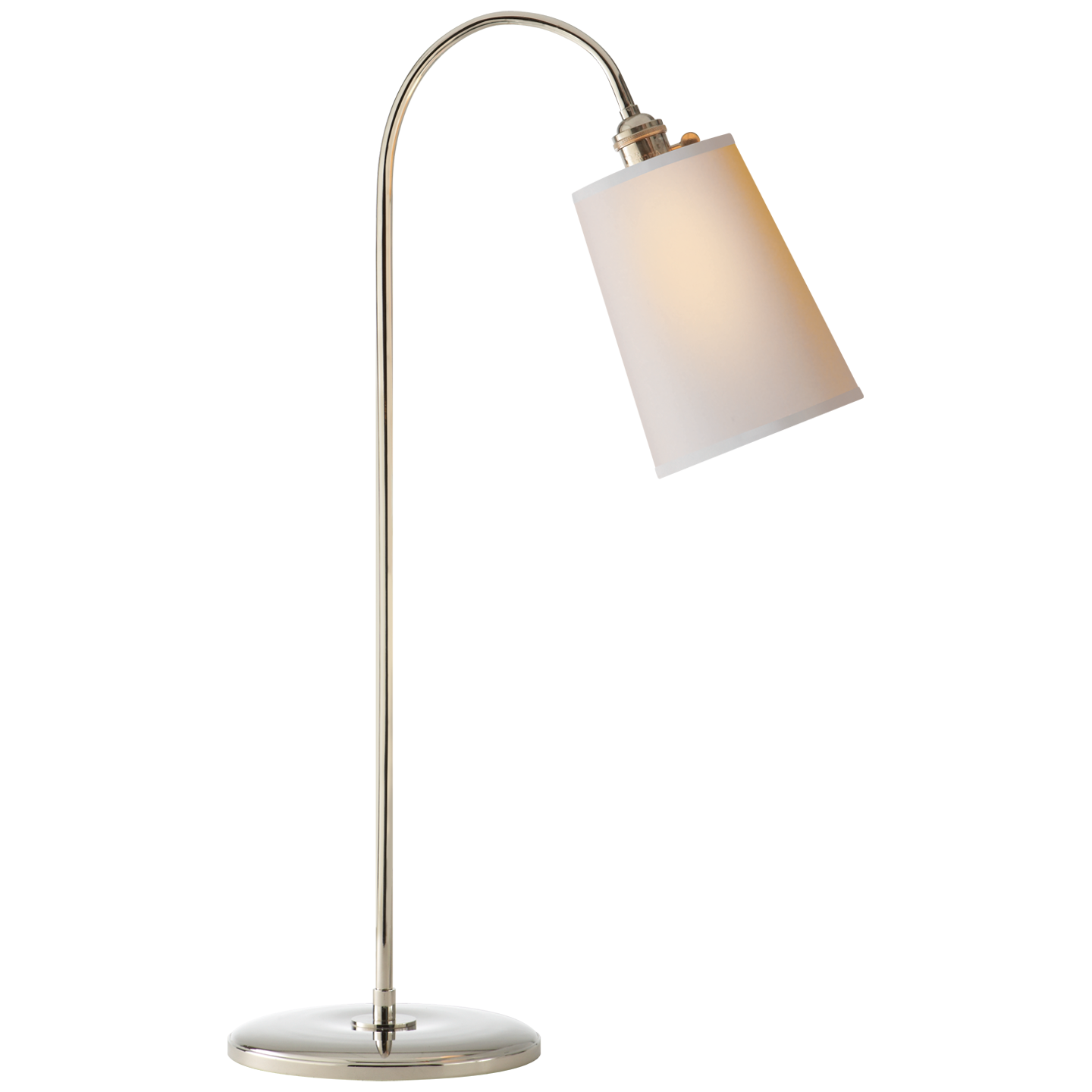 The Visual Comfort Polished Nickel Goose Neck Table Lamp includes an E26 socket, a curved metallic stand, and a frosted cylindrical shade on a round base, supporting up to 60 watts.