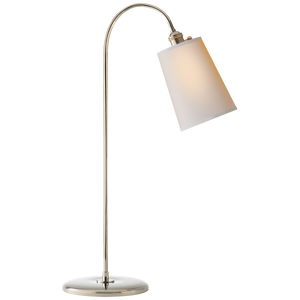 The Visual Comfort Polished Nickel Goose Neck Table Lamp includes an E26 socket, a curved metallic stand, and a frosted cylindrical shade on a round base, supporting up to 60 watts.