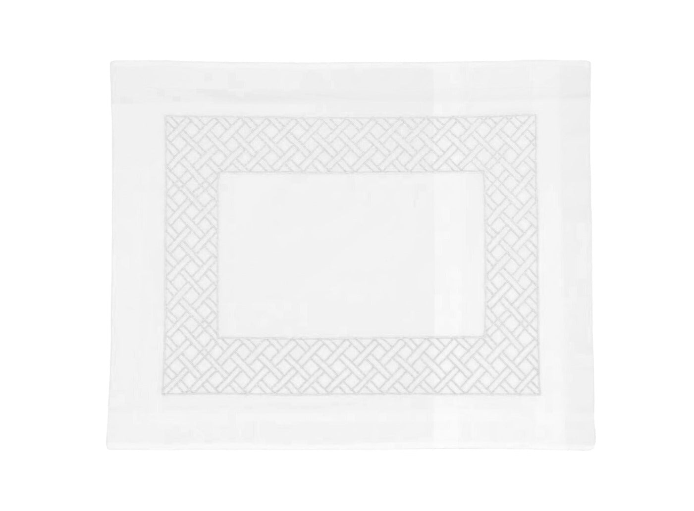 The Matouk HIVE Exclusive Rovella Bedding Collection in white features a textured, interwoven border pattern and is crafted from Egyptian cotton percale, shown laid flat on a plain background.