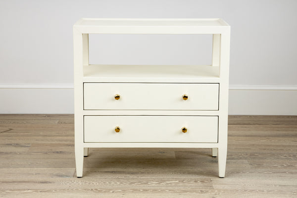 A Made Goods Jarin Double Nightstand in White with two drawers and gold handles showcasing exquisite craftsmanship.