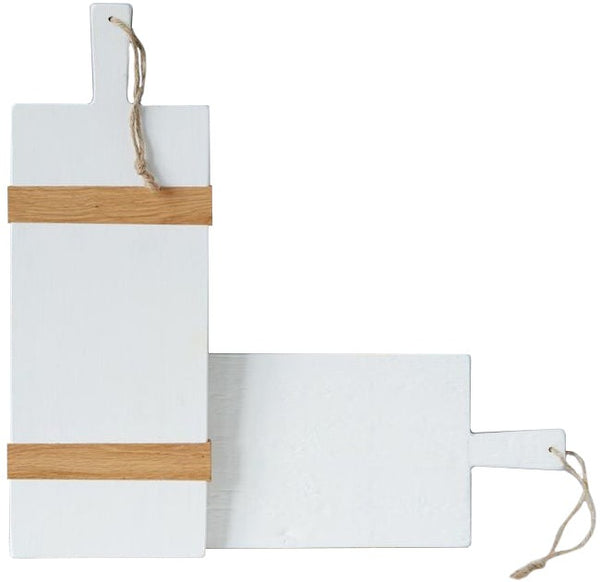 A decorative kitchen accent - a White Rectangle Mod Charcuterie Board, Small by etúHOME with a rope attached to it.