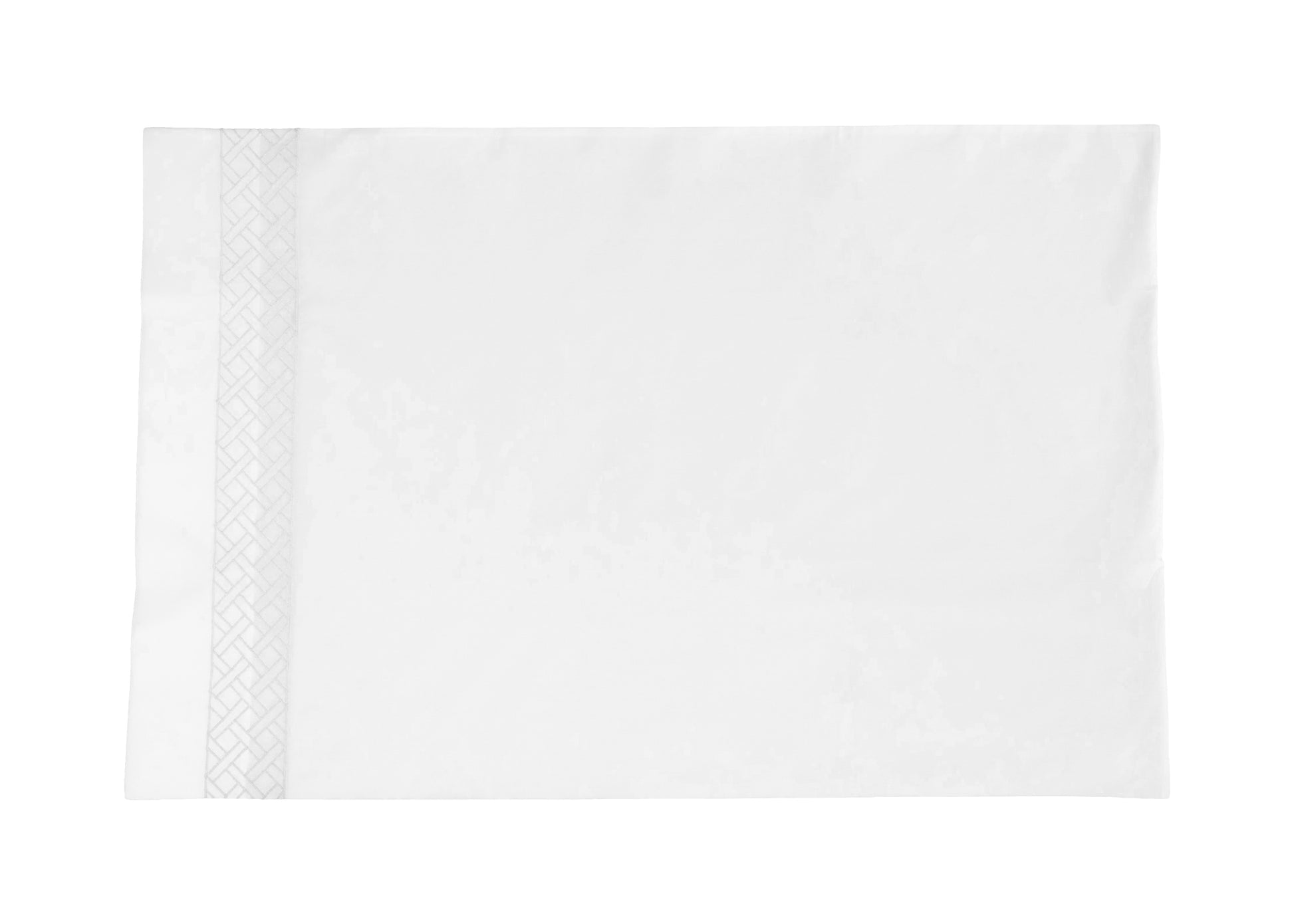 The HIVE Exclusive Rovella Bedding Collection pillowcase by Matouk features a plain white Egyptian cotton percale design with a decorative patterned border on the left side, shown against a white background.