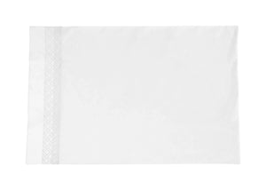 White pillowcase from the HIVE Exclusive Matouk Rovella Bedding Collection, adorned with a subtle geometric pattern on one edge against a plain background, complete with the exquisite hemstitch detail characteristic of Matouk bedding.