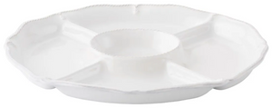 The Juliska Berry & Thread Whitewash Crudite Platter is a white ceramic serving piece with five outer compartments, a central round section, scalloped edge, and elegant thread and berry motif.