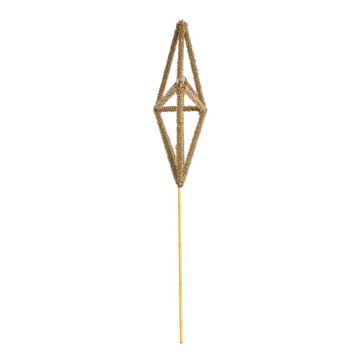 The Beaded Star Tree Topper by Park Hill Collection is an elegant piece of home decor, crafted from gold iron and textured materials. It features a stunning star shape composed of triangular frames, all supported by a long stick base.